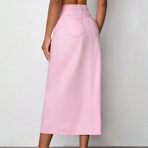 Pink Casual Women's Denim Maxi Skirt - Picture 3 of 7